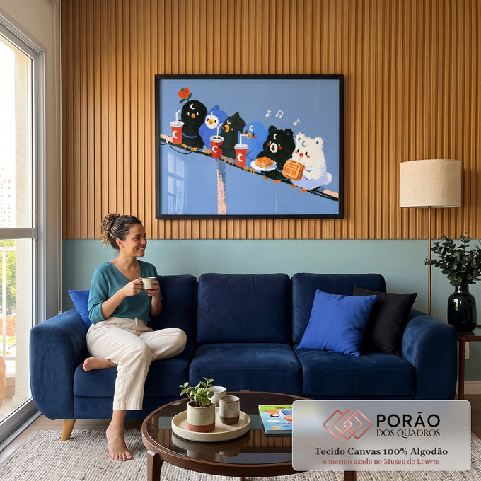 Quadro Decorativo Bichinhos Fofos no Fio Comendo Waffle | quadros decorativos para sala de estar | pássaros e ursinhos fofos sentados em fio comendo waffle e tomando refrigerante | em ambiente 3 | Porao dos Quadros