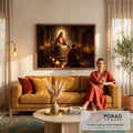 Jesus com auréola dourada abençoa um homem ajoelhado em uma catedral de pedra iluminada por velas, quadro decorativo