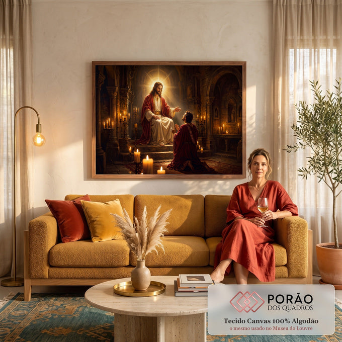 Jesus com auréola dourada abençoa um homem ajoelhado em uma catedral de pedra iluminada por velas, quadro decorativo