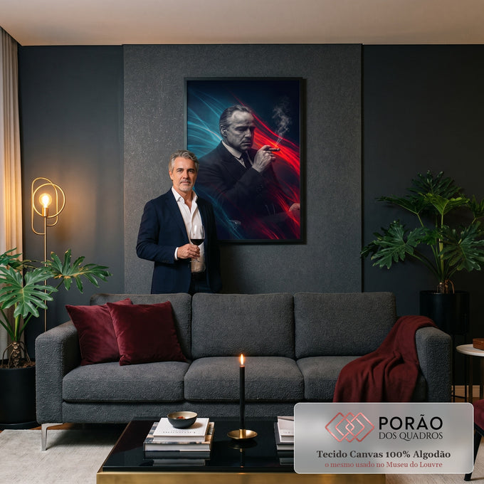 Gangster de terno fumando charuto com luzes neon vermelha e azul em fundo escuro, quadro decorativo