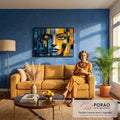 Rosto de mulher metade ciborgue com olho mecânico, circuitos azuis e blocos amarelos, quadro decorativo