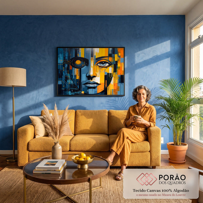 Rosto de mulher metade ciborgue com olho mecânico, circuitos azuis e blocos amarelos, quadro decorativo