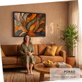 Quadro Decorativo Grande Folhas Entrelaçadas para Sala | quadros decorativos para sala de estar | formas de folhas em madeira entrelaçadas em laranja, verde e marrom em espiral | em ambiente 3 | Porao dos Quadros