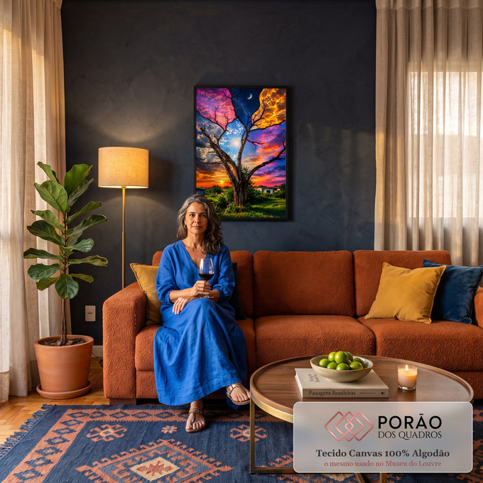 Quadro Decorativo Grande Árvore Seca com Céu para Sala Azul | quadros decorativos para sala de estar | árvore seca sob céu dividido em quatro atmosferas diferentes, sol, lua e estrelas | em ambiente 3 | Porao dos Quadros
