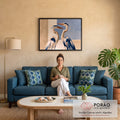 Quadro Decorativo Grande Duas Garças para Sala Azul | quadros decorativos para sala de estar | duas garças brancas e azuis com bicos laranja entrelaçando os pescoços | em ambiente 3 | Porao dos Quadros