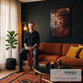 Quadro Decorativo Grande Leão e Jesus para Sala Laranja | quadros decorativos para sala de estar | rosto de leão dourado mesclado ao rosto de um homem com coroa de espinhos sobre fogo | em ambiente 3 | Porao dos Quadros