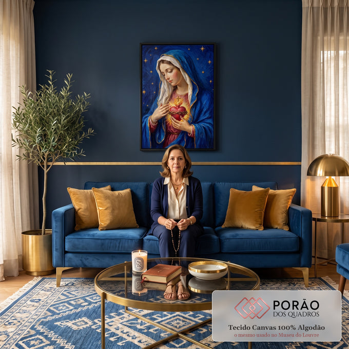 Quadro Decorativo Grande Nossa Senhora Pinceladas para Sala | quadros decorativos para sala de estar | Nossa Senhora de manto azul segurando coração em chamas com cruz e espinhos | em ambiente 3 | Porao dos Quadros