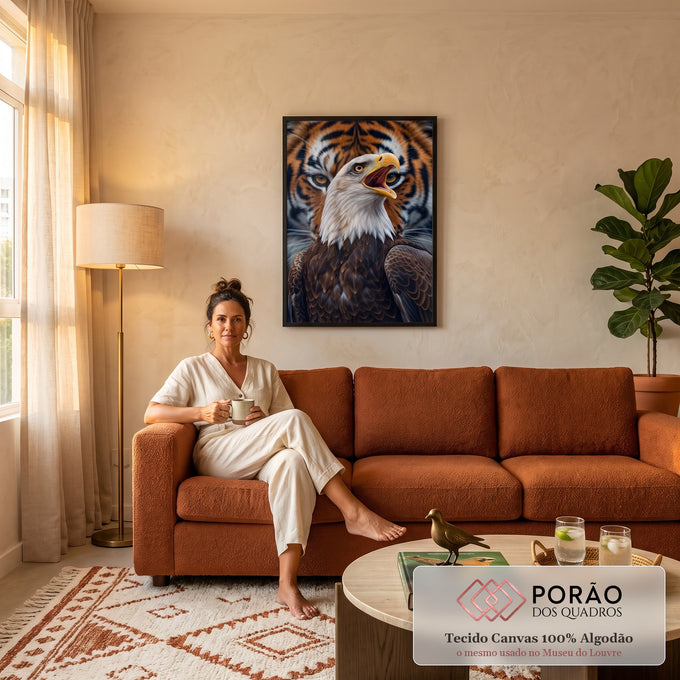 Quadro Decorativo Grande Águia e Tigre para Sala Branco | quadros decorativos para sala de estar | águia de cabeça branca com bico aberto sobre fundo com rosto de tigre desfocado | em ambiente 3 | Porao dos Quadros