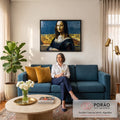 Quadro Decorativo Grande Mona Lisa em Mosaico para Sala Azul | quadros decorativos para sala de estar | retrato de mulher em mosaico de azulejos azuis e dourados, estilo Mona Lisa | em ambiente 3 | Porao dos Quadros
