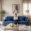 Retrato de mulher com lenço azul e branco em pintura a óleo com textura de espátula, quadro decorativo