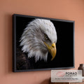 Quadro Decorativo Grande Águia Americana para Sala Preto | quadros decorativos para sala de estar | águia careca em close, bico amarelo, fundo preto, olhar fixo | em ambiente 3 | Porao dos Quadros