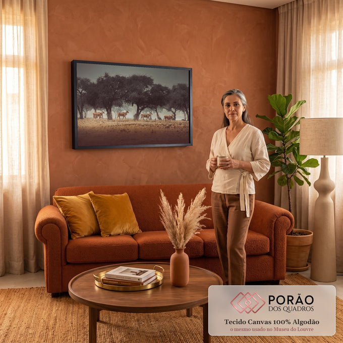 Quatro antílopes elandes caminhando sob acácias na savana africana enevoada, quadro decorativo