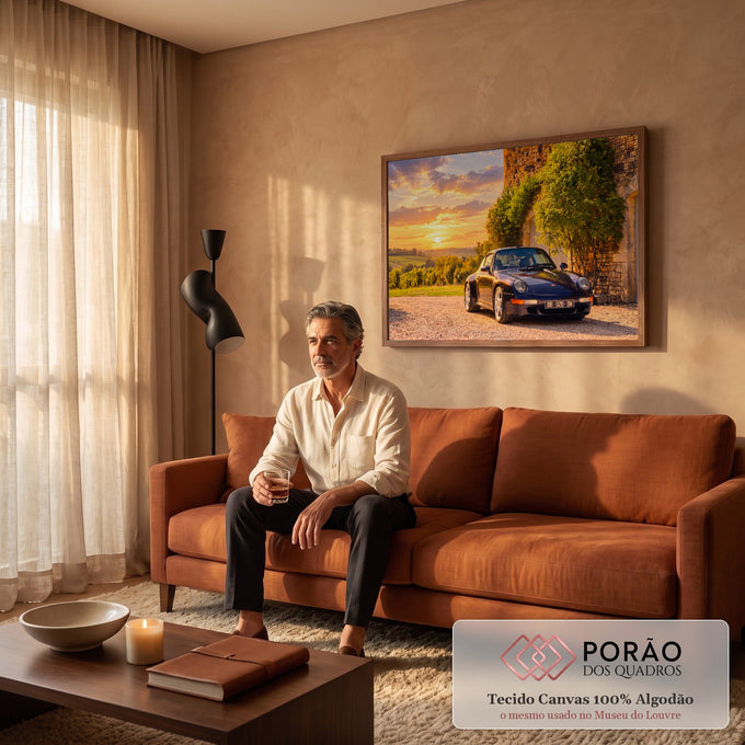 Porsche 911 clássico azul escuro diante de casa de pedra e vinhedos ao pôr do sol dourado, quadro decorativo