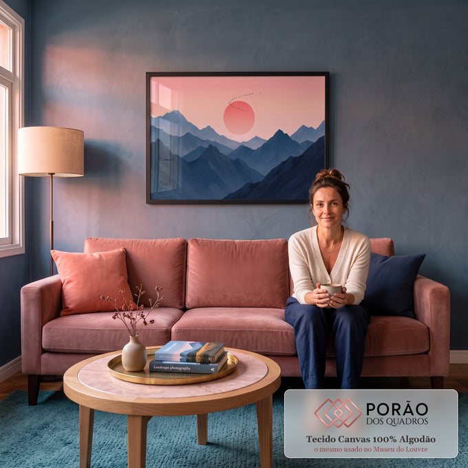 Quadro Decorativo Grande Sol e Montanhas para Sala Rosa | quadros decorativos para sala de estar | montanhas azuis em camadas com sol rosa gigante e bando de pássaros voando | em ambiente 3 | Porao dos Quadros