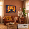 Nossa Senhora Aparecida coroada em oração, manto azul estrelado e mosaico laranja radiante, quadro decorativo