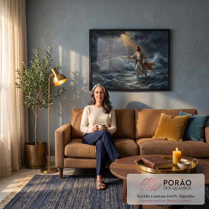 Quadro Decorativo Grande Jesus Caminhando para Sala Azul | quadros decorativos para sala de estar | Jesus caminhando sobre o mar agitado com raio de luz dourada no céu tempestuoso | em ambiente 3 | Porao dos Quadros