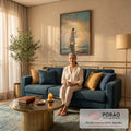 Quadro Decorativo Grande Jesus Caminhando Azul para Sala | quadros decorativos para sala de estar | homem de túnica branca caminhando sobre o mar sob raios de luz dourada no céu | em ambiente 3 | Porao dos Quadros