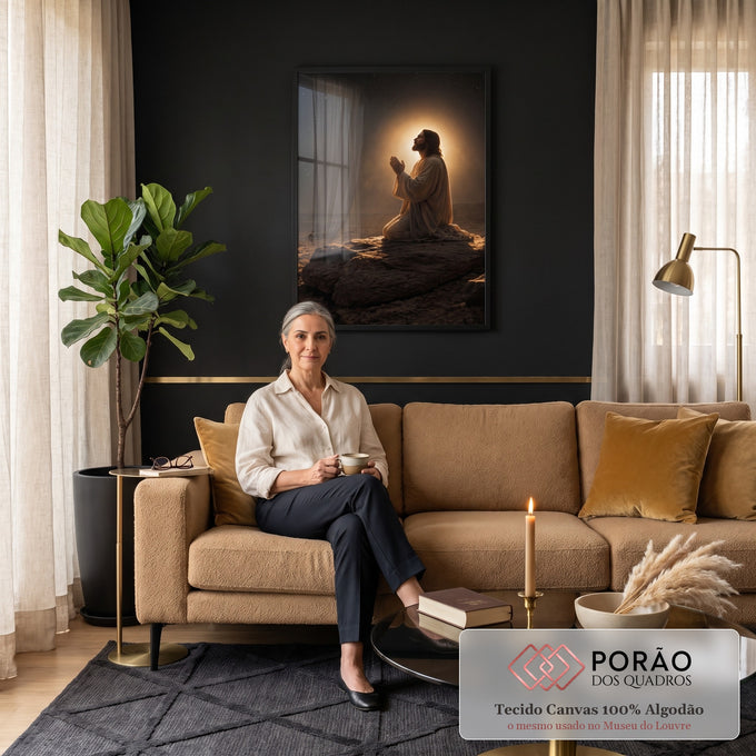 Quadro Decorativo Grande Jesus em Oração para Sala Preto | quadros decorativos para sala de estar | homem ajoelhado em oração com halo dourado sob céu estrelado no deserto | em ambiente 3 | Porao dos Quadros
