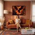 Águia de asas abertas envolta em fogo laranja com a palavra Nobreza em letras flamejantes, quadro decorativo
