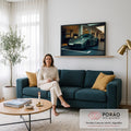 Porsche 911 cinza grafite com rodas pretas em showroom de concreto iluminado, quadro decorativo