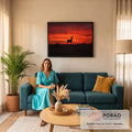 Quadro Decorativo Grande Antílope em Silhueta para Sala | quadros decorativos para sala de estar | antílope em silhueta contra céu vermelho intenso de pôr do sol africano | em ambiente 3 | Porao dos Quadros