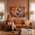 Jesus Cristo segurando o globo terrestre entre nuvens em mosaico laranja, azul e roxo, quadro decorativo
