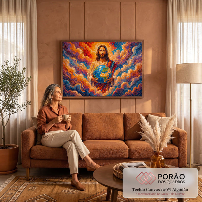 Jesus Cristo segurando o globo terrestre entre nuvens em mosaico laranja, azul e roxo, quadro decorativo