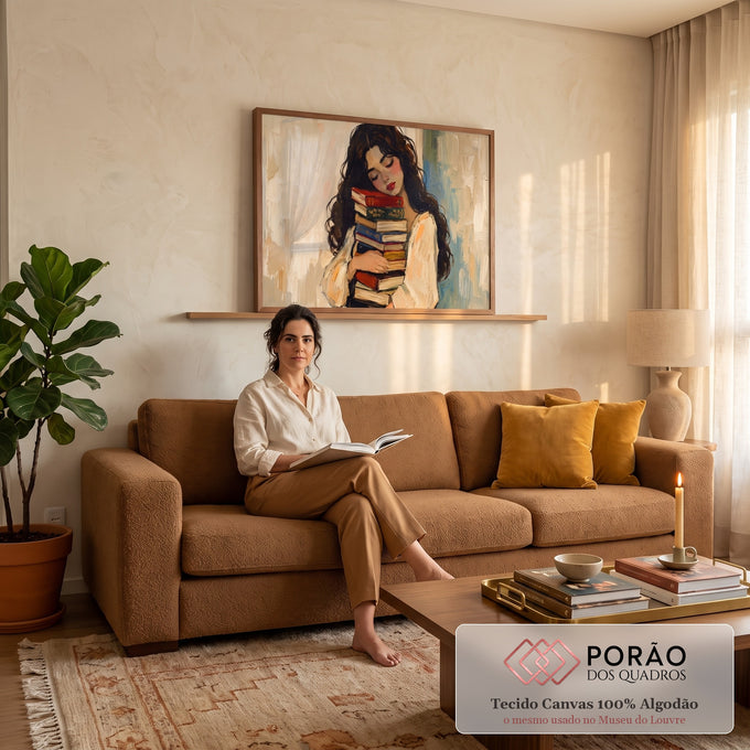 Pintura a óleo de mulher de cabelos cacheados abraçando pilha de livros, fundo bege, quadro decorativo