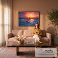 Quadro Decorativo Grande Bicicleta para Sala Rosa | quadros decorativos para sala de estar | bicicleta sobre deserto de sal refletido com pôr do sol rosa e laranja ao fundo | em ambiente 3 | Porao dos Quadros