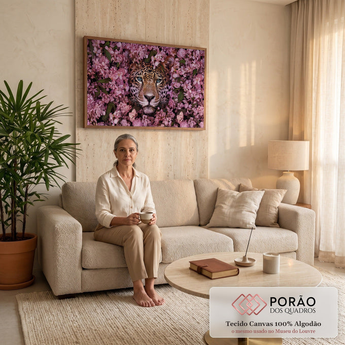 Quadro Decorativo Grande Leopardo de Olhos para Sala Rosa | quadros decorativos para sala de estar | rosto de leopardo com olhos azuis cercado por flores cor-de-rosa | em ambiente 3 | Porao dos Quadros