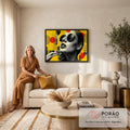Quadro Decorativo Grande Mulher de Óculos Amarelo para Sala | quadros decorativos para sala de estar | mulher de óculos redondos vintage em preto e branco sobre fundo amarelo pop art | em ambiente 3 | Porao dos Quadros