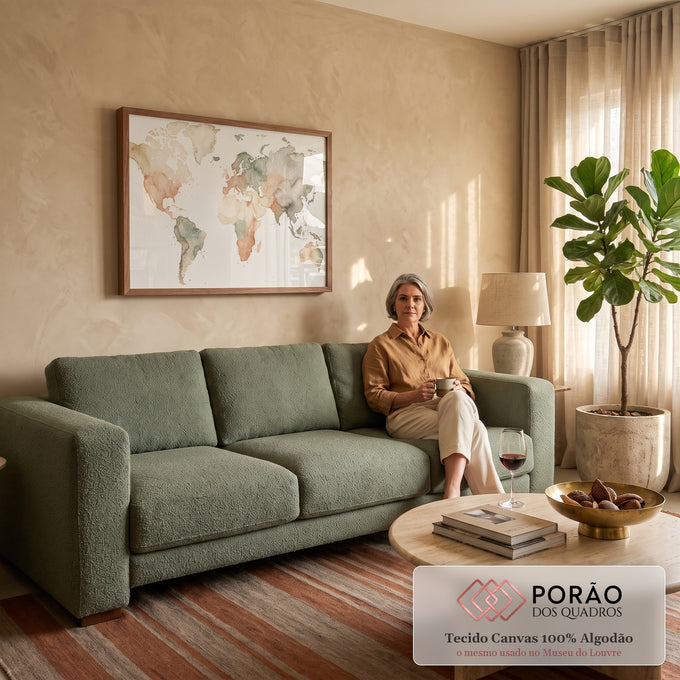 Quadro Decorativo Grande Mapa Mundi Sala para Sala Bege | quadros decorativos para sala de estar | mapa múndi em aquarela com continentes em tons terrosos, verdes e cinzas suaves | em ambiente 3 | Porao dos Quadros