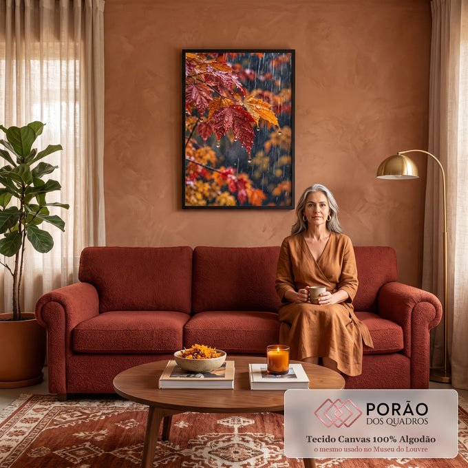 Folhas de bordo vermelhas e laranja com gotas de chuva em close, fundo de outono, quadro decorativo