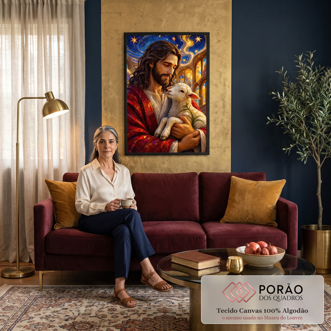 Quadro Decorativo Grande Jesus Pastor para Sala Vermelho | quadros decorativos para sala de estar | Jesus de manto vermelho segurando um cordeiro branco, estilo mosaico com céu estrelado | em ambiente 3 | Porao dos Quadros