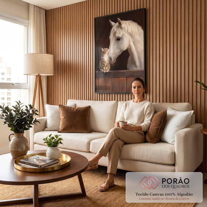 Cavalo branco tocando o focinho em gatinho tigrado sobre porteira de madeira do estábulo, quadro decorativo