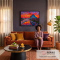 Quadro Decorativo Grande Casa Azul Laranja para Sala | quadros decorativos para sala de estar | casa azul numa estrada molhada refletindo céu de pôr do sol laranja e roxo | em ambiente 3 | Porao dos Quadros