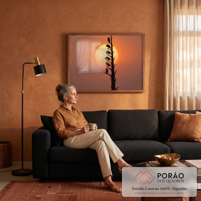 Seis pássaros em silhueta numa árvore seca diante de sol gigante laranja, quadro decorativo
