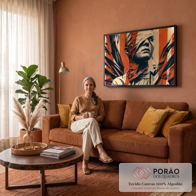 Rosto masculino vendado em meio-tom com faixas vermelhas e tecido esvoaçante, arte urbana quadro decorativo