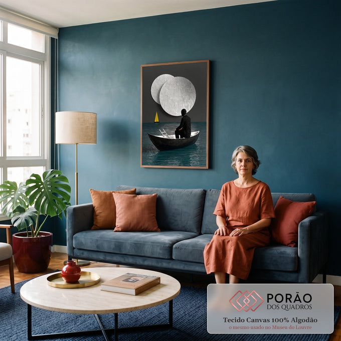 Quadro Decorativo Grande Figura em Barco para Sala Preto | quadros decorativos para sala de estar | figura encapuzada em barco preto observando duas luas brancas texturizadas no céu | em ambiente 3 | Porao dos Quadros