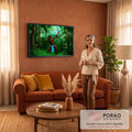 Oxóssi ajoelhado disparando flecha brilhante com arco na floresta verde, orixá da mata, quadro decorativo