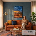 Paisagem de outono com céu de tempestade, pôr do sol, estrada sinuosa e ponte de pedra, quadro decorativo
