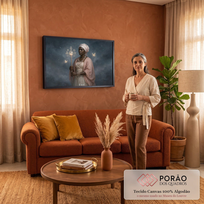 Orixá Ewá de turbante rosa com cajado de cristal sob céu estrelado com borboletas, quadro decorativo