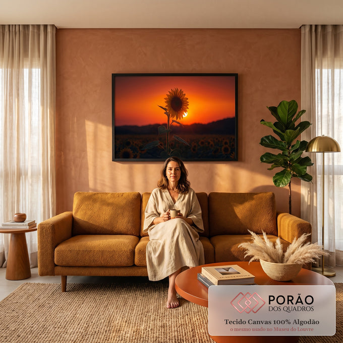 Girassol em contraluz diante do sol poente laranja sobre campo de girassóis, quadro decorativo