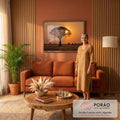 Quadro Decorativo Grande Árvore Africana para Sala Laranja | quadros decorativos para sala de estar | árvore em silhueta contra céu laranja de pôr do sol na savana | em ambiente 3 | Porao dos Quadros