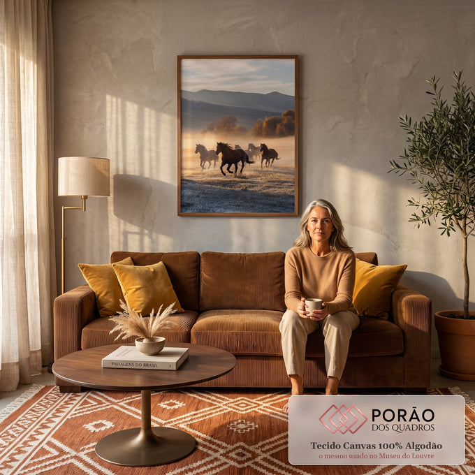Quadro Decorativo Grande Cavalos Selvagens para Sala Marrom | quadros decorativos para sala de estar | cavalos correndo em campo com neblina dourada e montanhas ao fundo | em ambiente 3 | Porao dos Quadros