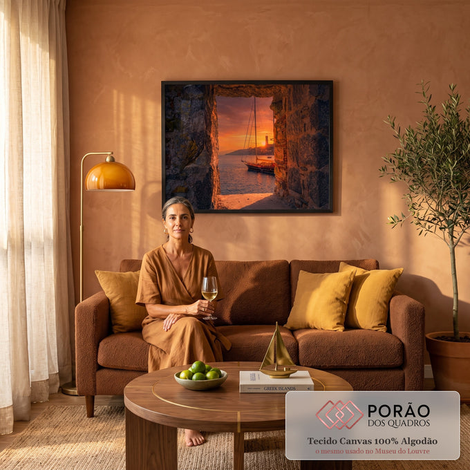 Quadro Decorativo Grande Veleiro e Farol para Sala Laranja | quadros decorativos para sala de estar | veleiro e farol ao pôr do sol vistos através de janela de pedra em ruínas | em ambiente 3 | Porao dos Quadros