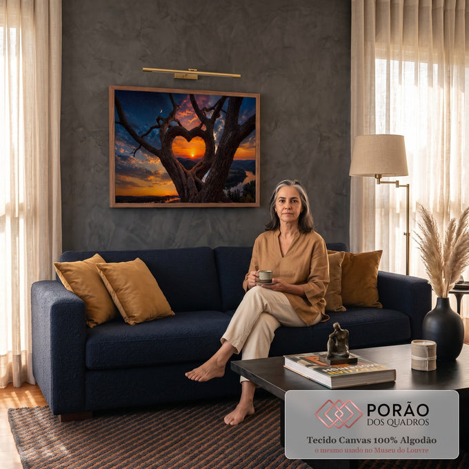 Árvore com galhos em forma de coração emoldurando pôr do sol sobre montanhas e rio, quadro decorativo