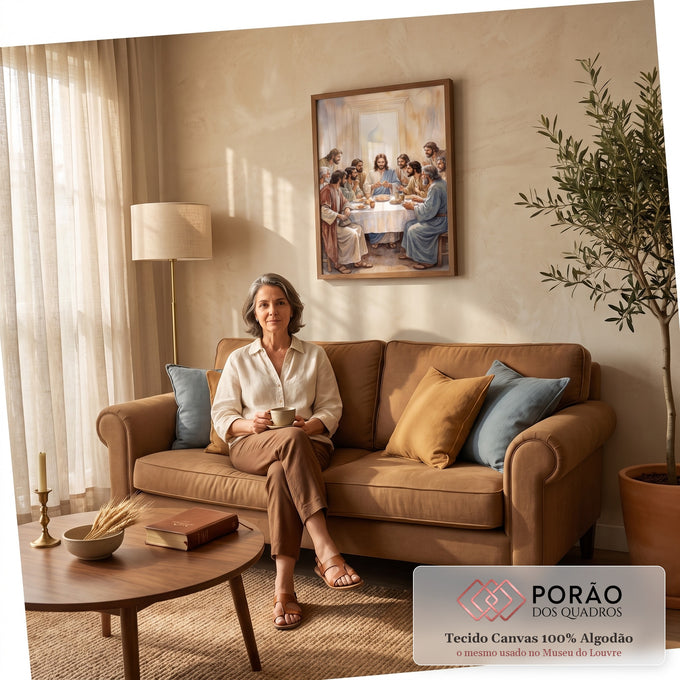 Quadro Decorativo Grande Última Ceia para Sala Bege | quadros decorativos para sala de estar | Jesus e onze apóstolos reunidos à mesa em aquarela nos tons bege e terracota | em ambiente 3 | Porao dos Quadros