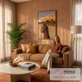 Quadro Decorativo Grande Cavalo em Arena para Sala Marrom | quadros decorativos para sala de estar | cavalo castanho visto de cima em arena ao pôr do sol dourado | em ambiente 3 | Porao dos Quadros