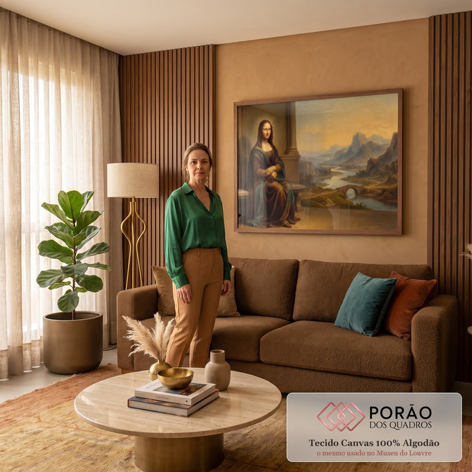 Quadro Decorativo Grande Mona Lisa para Sala Marrom | quadros decorativos para sala de estar | mulher de manto marrom sentada com paisagem de rio e montanhas ao fundo em tons dourados | em ambiente 3 | Porao dos Quadros
